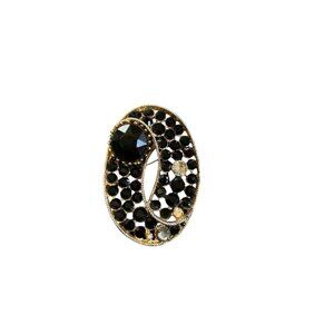 Estate Vintage BSK Jet Black Clear Rhinestone Large Oval Brooch